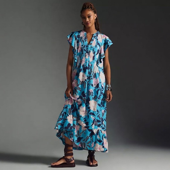 Maeve by Anthropologie Dresses & Skirts - Maeve Anthropologie Cassandra Maxi‎ Dress Blue Floral Flutter Sleeve Small